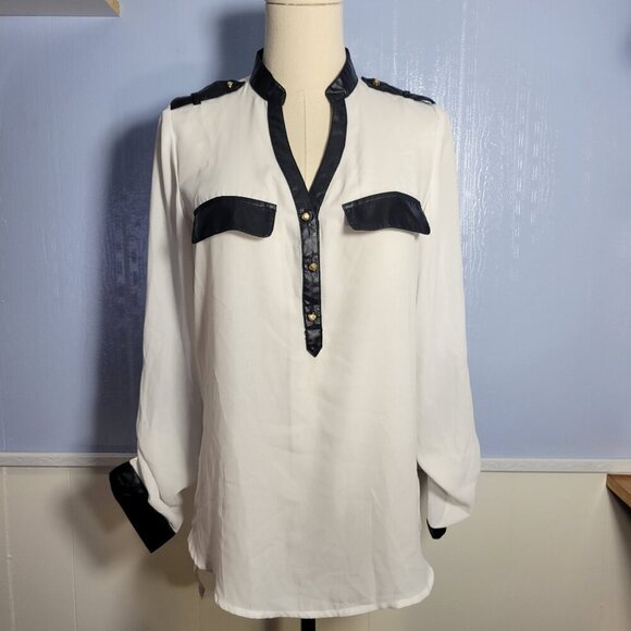 Charlotte Ruse Extra Small White Black Faux Leather Longsleeve Button Up Blouse - Picture 1 of 10